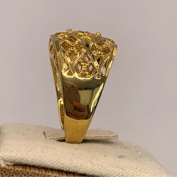 Gold plated dome statement ring with open cross hatching and scroll work 7 - Picture 7 of 9